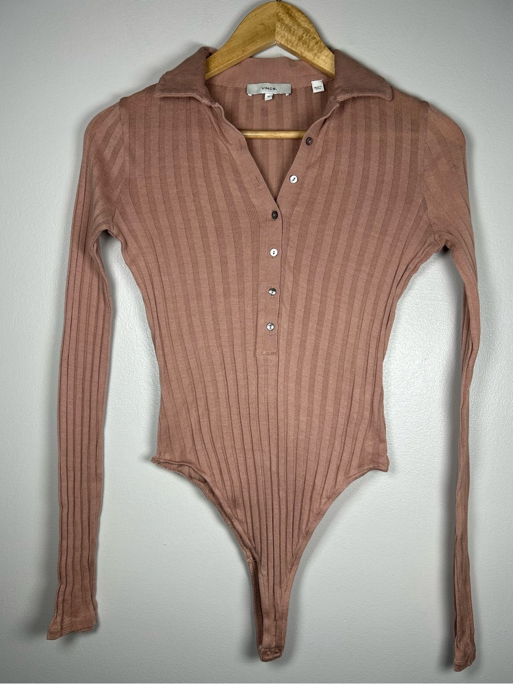 VINCE Polo Thong Ribbed Long-Sleeve Bodysuit 100% cotton Dusty Rose